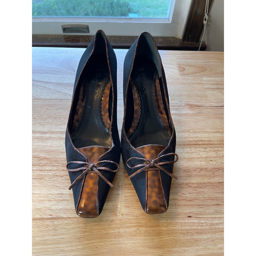 J. Renee Black Tortoiseshell Bow Kitten Heel Pumps Pointed Toe Leather Sole 11W
